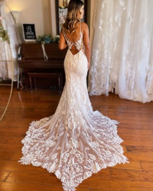 Lace Mermaid Spaghetti Straps Ivory Bridal Dress WD2575