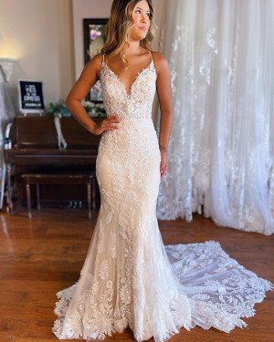Lace Mermaid Spaghetti Straps Ivory Bridal Dress WD2575
