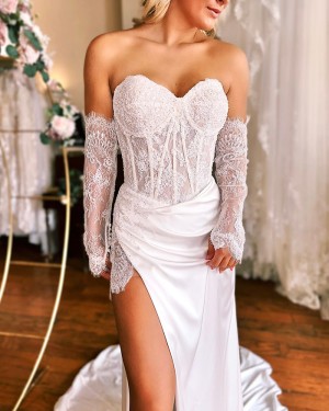 Lace Bodice White Mermaid Sweetheart Bridal Dress with Side Slit WD2578
