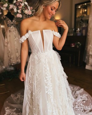 Ruffled Lace Applique Ivory Strapless Bridal Dress WD2580