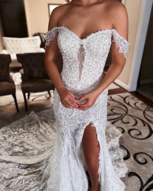 Beaded Lace Ivory Off the Shoulder Bridal Dress with Side Slit WD2582