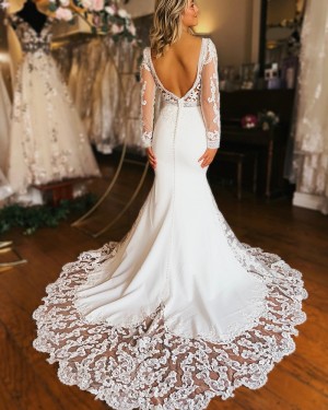 White Lace Mermaid V-neck Bridal Dress with Long Sleeves WD2583