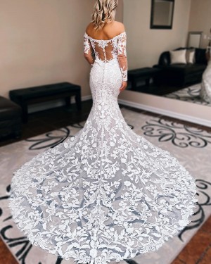 White Lace Mermaid Off the Shoulder Bridal Dress with Long Sleeves WD2584
