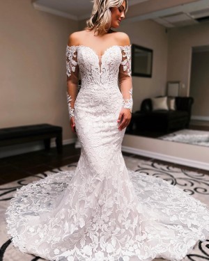 White Lace Mermaid Off the Shoulder Bridal Dress with Long Sleeves WD2584