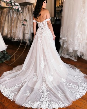 Lace Applique Ivory Square Neckline Bridal Dress with Side Slit WD2585