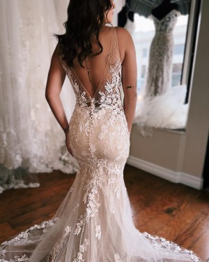 Lace Beaded White Mermaid V-neck Bridal Dress WD2586