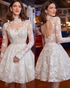 Lace Ivory Short High Neck Bridal Dress with Long Sleeves WD2587
