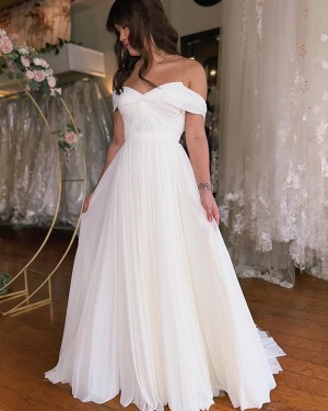 Off the Shoulder Ivory Ruched Chiffon Simple Bridal Dress WD2588