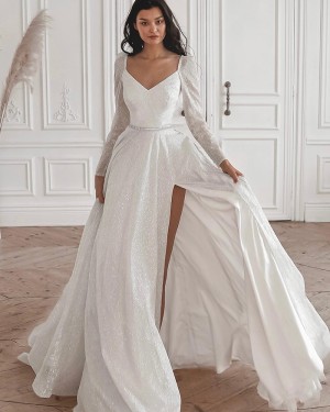 Glitter Queen Anne Neckline Ivory Side Slit Bridal Dress with Long Sleeves WD2592