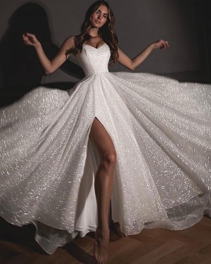 Glitter Spaghetti Straps Bridal Dress with Side Slit WD2593