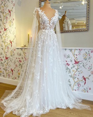 Lace Applique Tulle V-neck Bridal Dress with Cape Sleeves WD2597
