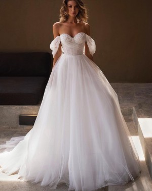White Tulle Beaded Bodice Off the Shoulder Bridal Dress WD2599