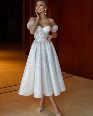 Glitter Off the Shoulder Ankle Length Bridal Dress WD2601