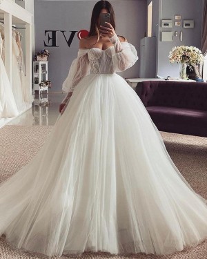 Lace Bodice Off the Shoulder Ivory Tulle Bridal Dress with Long Sleeves WD2602