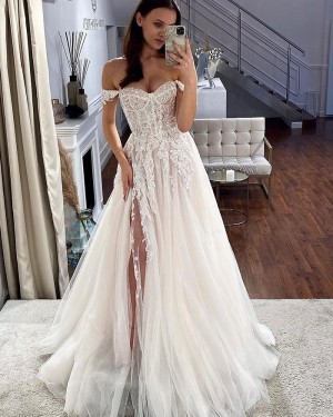 Lace Bodice Ivory Off the Shoulder Bridal Dress with Side Slit WD2604