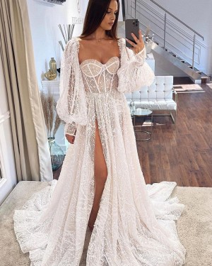 Ivory Lace Side Slit Sweetheart Bridal Dress with Detachable Long Sleeves WD2605