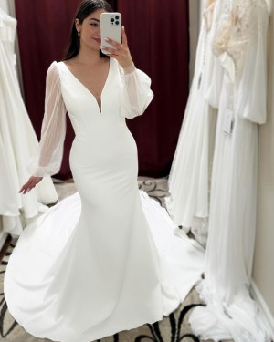 V-neck White Satin Simple Mermaid Bridal Dress with Long Sleeves WD2607