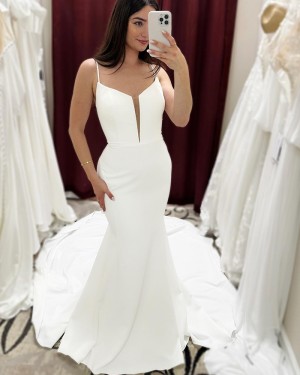 White Spaghetti Straps Simple Satin Mermaid Bridal Dress WD2608