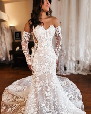Lace White Sweetheart Mermaid Bridal Dress with Removable Sleeves WD2609