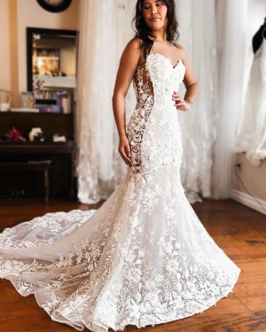 Lace White Sweetheart Mermaid Bridal Dress with Removable Sleeves WD2609