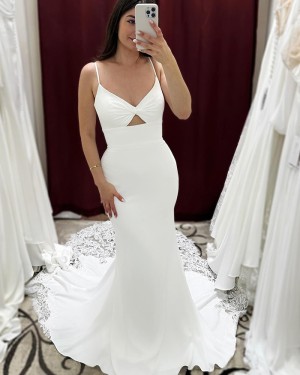 White Spaghetti Straps Cutout Simple Mermaid Bridal Dress with Lace Train WD2611