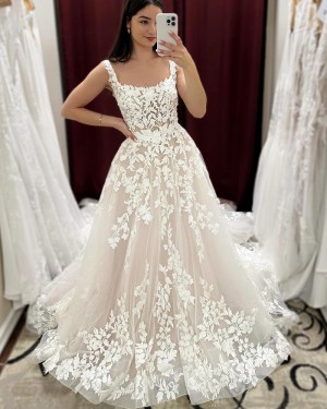 Square Neck Lace Applique Ivory Bridal Dress WD2612