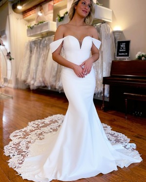 White Satin Mermaid Off the Shoulder Bridal Dress with Lace Train WD2614
