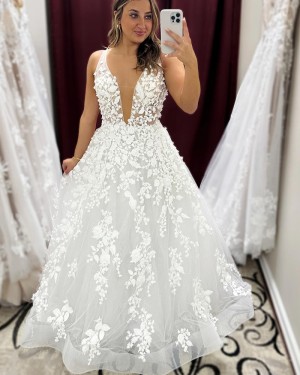 V-neck Lace A-line White Bridal Dress WD2616