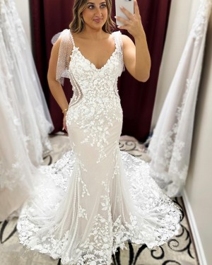 Lace Applique White V-neck Beading Bridal Dress WD2618