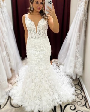 Lace Ivory Mermaid V-neck Bridal Dress with 3D Flowers WD2620