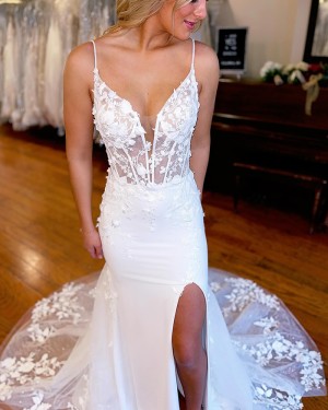 White Spaghetti Straps Applique Mermaid Bridal Dress with Side Slit WD2622