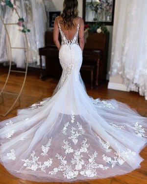 Beading Lace Appliqued Deep V-neck Mermaid Bridal Dress WD2623