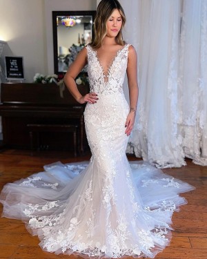 Beading Lace Appliqued Deep V-neck Mermaid Bridal Dress WD2623