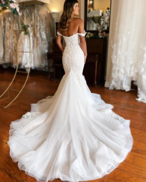 Lace White Square Neckline Tulle Mermaid Bridal Dress WD2624