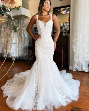 Lace White Square Neckline Tulle Mermaid Bridal Dress WD2624