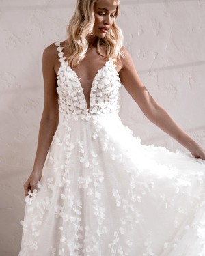 White V-neck Handmade Flower A-line Bridal Dress WD2625