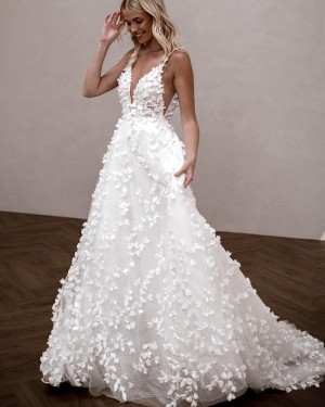 White V-neck Handmade Flower A-line Bridal Dress WD2625