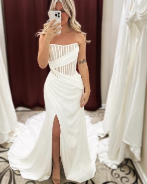 Strapless Ruched White Simple Bridal Dress with Side Slit WD2629