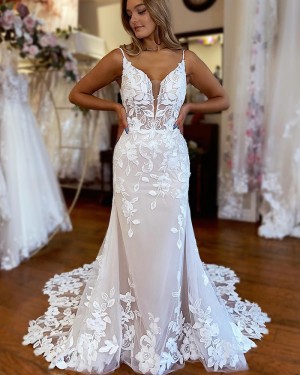 Spaghetti Straps Lace Applique Sheath Ivory Bridal Dress WD2631