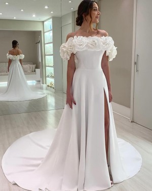 Satin Handmade Flowers Off the Shoulder Bridal Dress with Side Slit WD2635