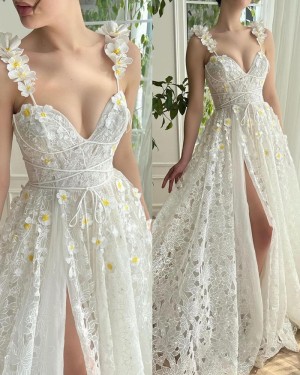 Handmade Flowers Lace Spaghetti Straps Bridal Dress with Side Slit WD2636