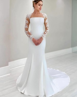 Satin Queen Anne Neckline White Bridal Dress with Long Lace Sleeves WD2638
