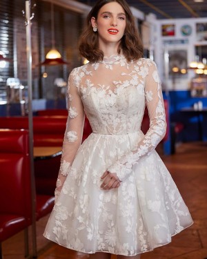 Ivory Lace High Neck Bridal Dress with Long Sleeves WD2639