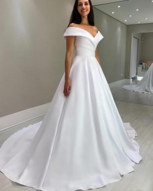 White V-neck Ruched Satin Simple A-line Bridal Dress WD2640