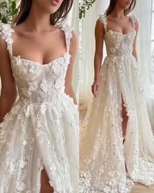 3D Flowers Square Neckline Ivory Bridal Dress with Side Slit WD2644