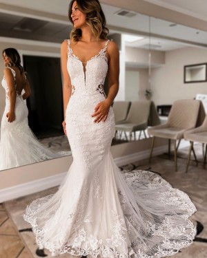 White Lace Mermaid V-neck Bridal Dress WD2646