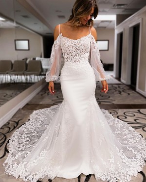 Lace Applique Cold Shoulder White Bridal Dress with Long Sleeves WD2647