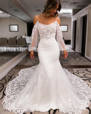 Lace Applique Cold Shoulder White Bridal Dress with Long Sleeves WD2647