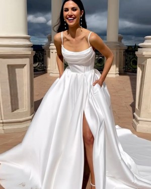 White Ruched Side Slit Spaghetti Straps Bridal Dress with Pockets WD2649