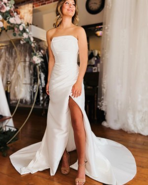 Satin White Mermaid Strapless Bridal Dress with Side Slit WD2652